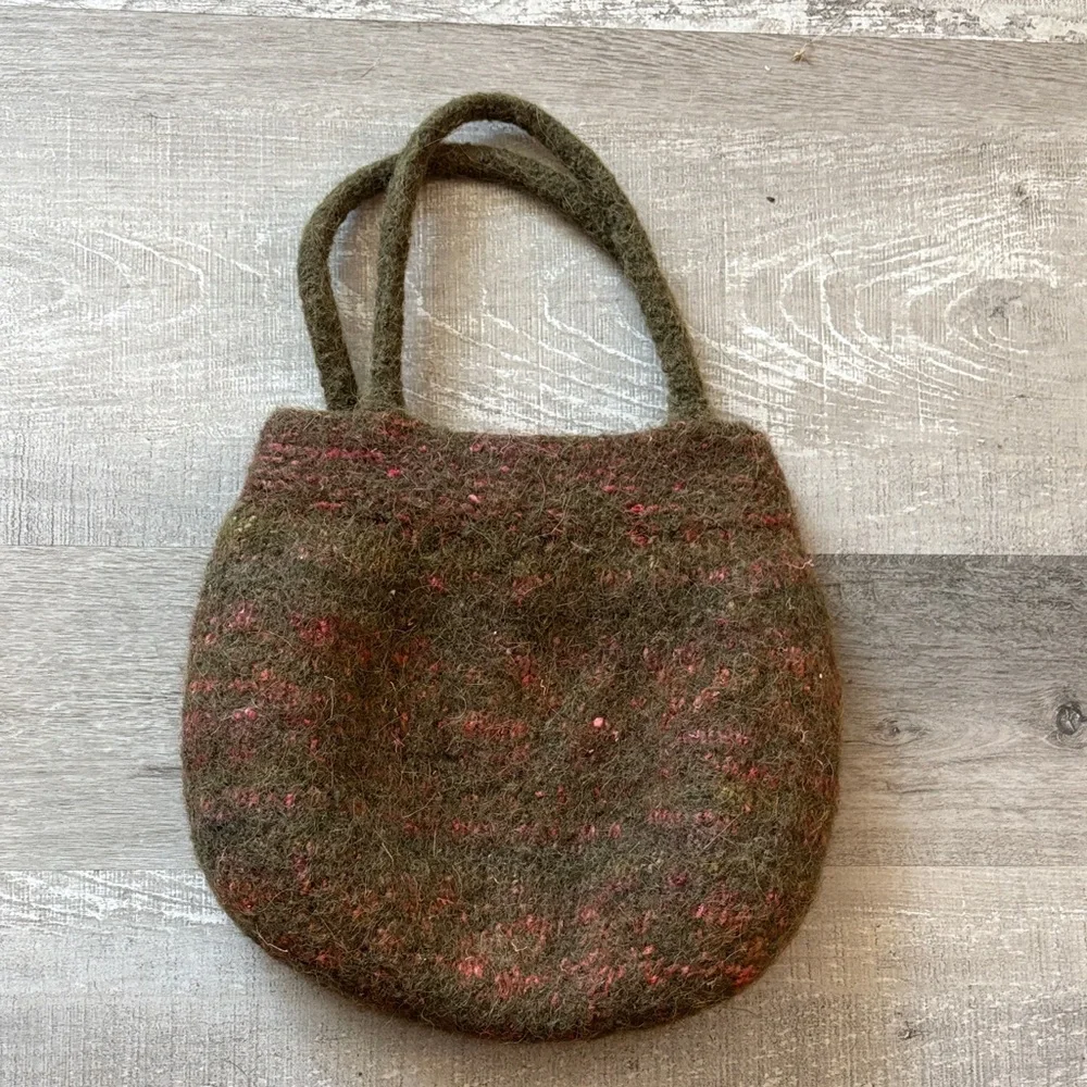 Handcrafted Olive Green and Red Felted Wool‎ Handbag